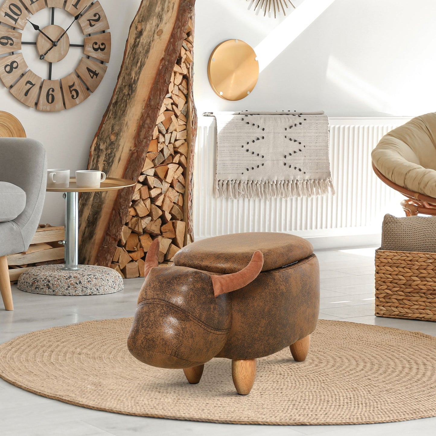 Buffalo Shaped Storage Ottoman, Modern Living Room Ottoman, Footstool, Wooden Frame, Padded Seat, 62x35x36cm, Brown