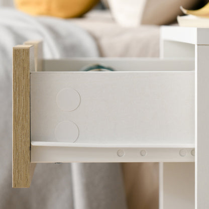 Set of 2 Modern Bedside Tables with Drawer and Shelf, Raised Base and Wooden Legs, 50x39x51cm, White and Oak