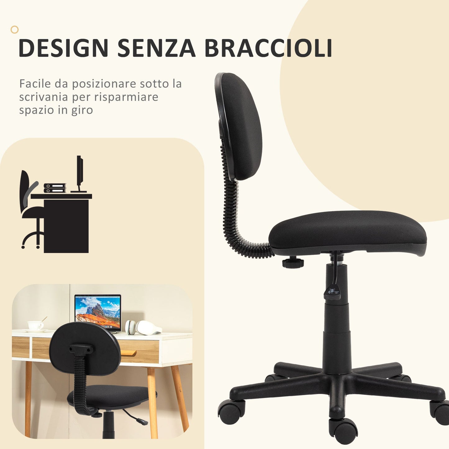 Height Adjustable Swivel Office Chair, Elastic Fabric, Sponge and Steel, 43x51x73-85 cm, Black