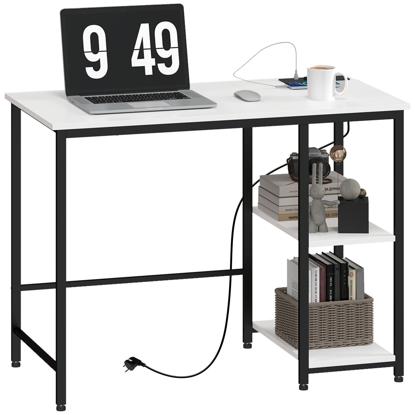 Desk with 2-Tier Bookshelf and Charging Sockets, in Wood and Metal, 100x50x75 cm, White and Black