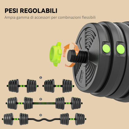 3-in-1 Barbell Set with 16 Weight Plates and Non-Slip Handle, 140x22x22 cm, Green