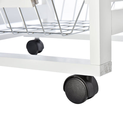 Space-Saving Kitchen Island Cart in Pine Wood, Food Cart with 4 Wheels, Drawer, 3 Pull-Out Baskets, Fruit Bowl, White