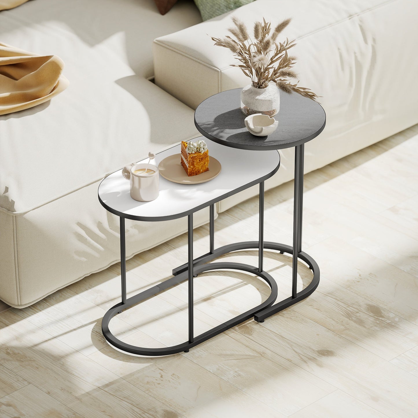 Set of 2 Stackable Coffee Tables with Metal Frame for Living Room and Office, Grey and White