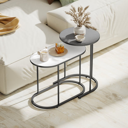 Set of 2 Stackable Coffee Tables with Metal Frame for Living Room and Office, Grey and White