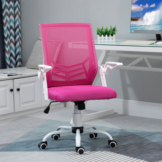 Ergonomic Office Chair with Lumbar Support, Folding Armrests, Breathable Mesh Swivel Desk Chair with Reclining Backrest and Adjustable Height, 120kg Capacity, Pink