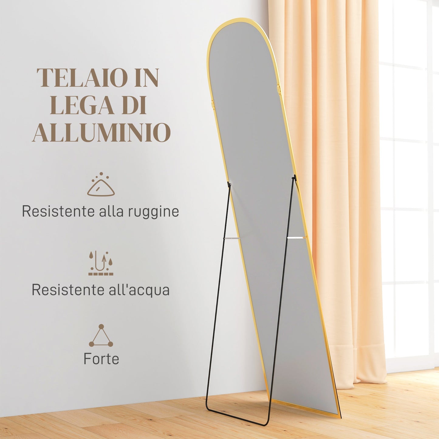 Modern Aluminum Alloy Floor and Wall Mirror with Folding Stand, 50x161.5 cm, Gold