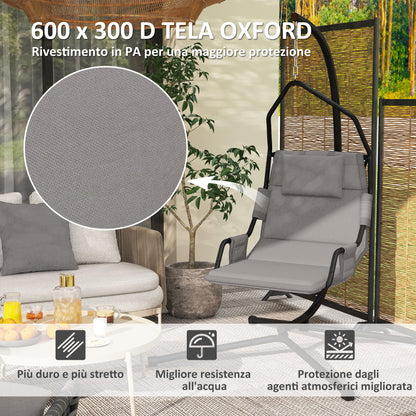 Padded Swing Hammock with Cushion, Hook and Chain, Steel and Polyester, 118x98x192 cm, Grey and Black