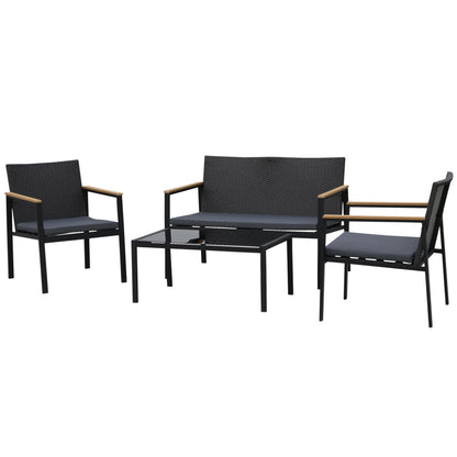 4-Piece Outdoor Lounge Set with 2 Chairs, Sofa and Coffee Table, Garden Furniture in Rattan and Black Steel