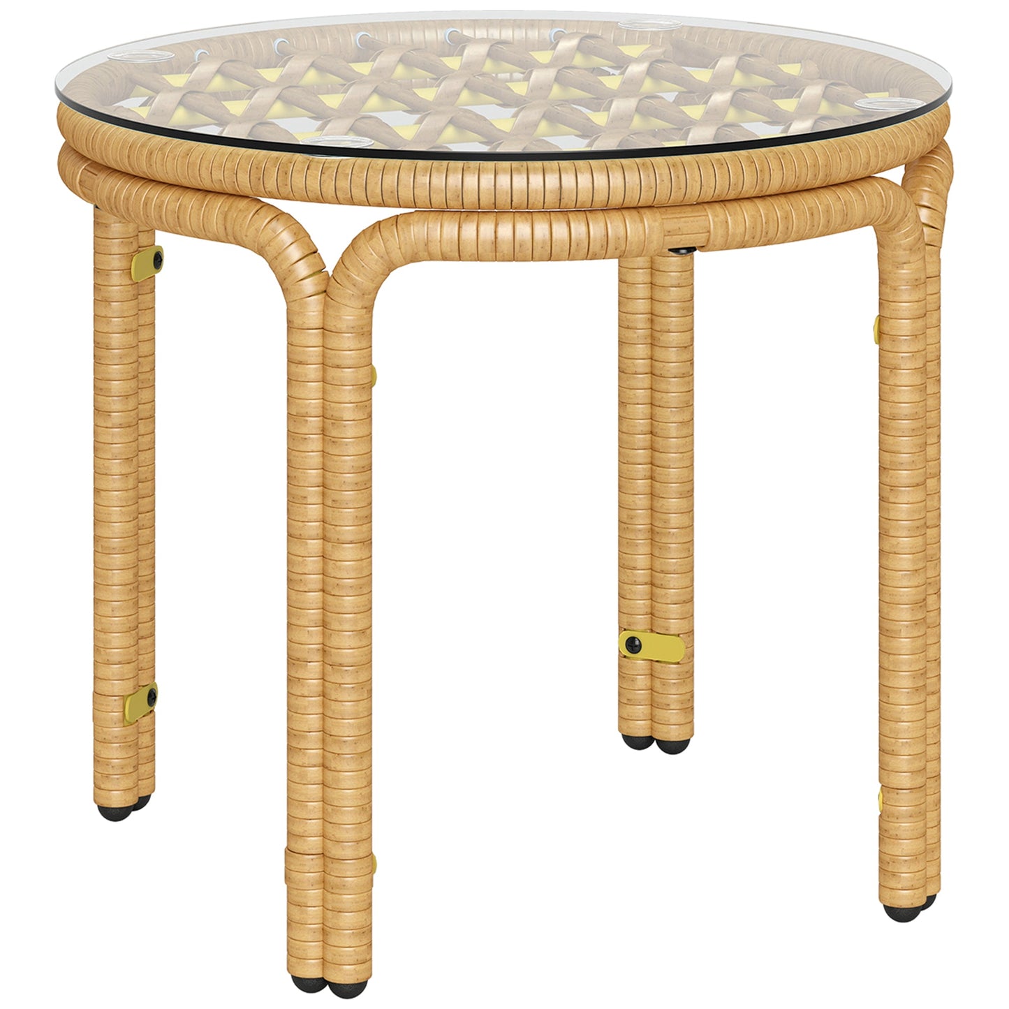 Round Rattan and Glass Garden Coffee Table in Boho Chic Style, Ø50x44 cm, Yellow