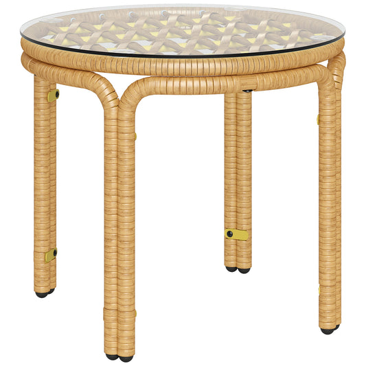 Round Rattan and Glass Garden Coffee Table in Boho Chic Style, Ø50x44 cm, Yellow