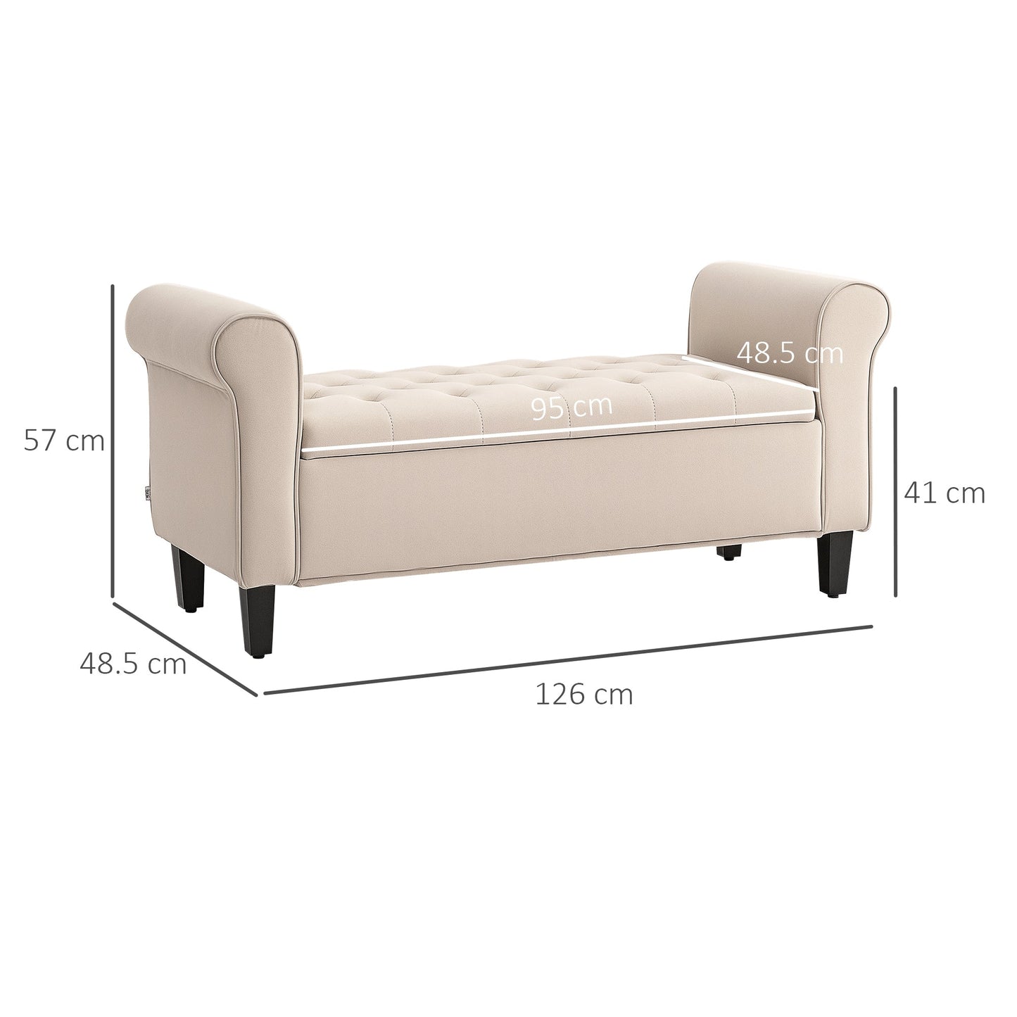 Velvet Fabric Bed End Bench with Storage Space and Armrests, 126x48.5x57 cm, Beige