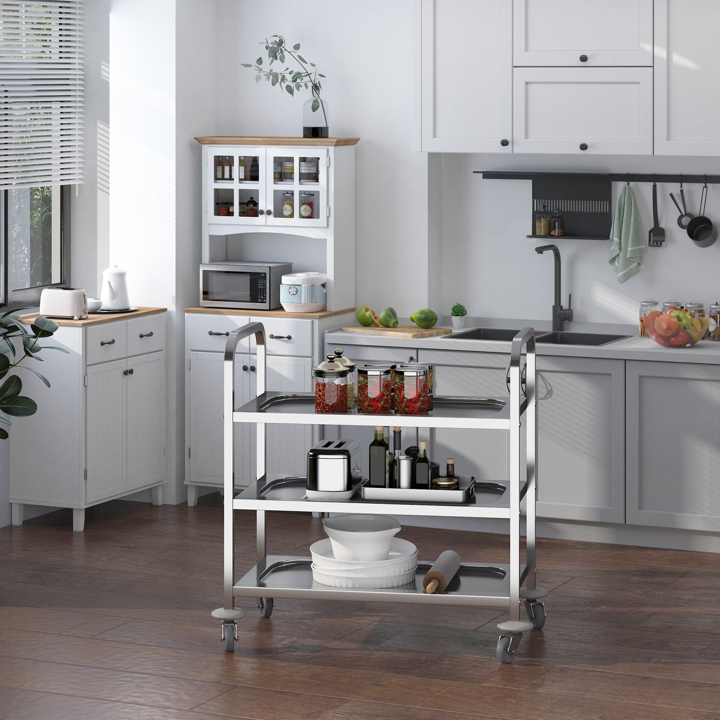 Restaurant / Hotel Kitchen Cart 3 Open Shelves 4 Omnidirectional Wheels with 2 Brakes Anti-Collision Bearings 430 Stainless Steel Silver 85x45x90cm
