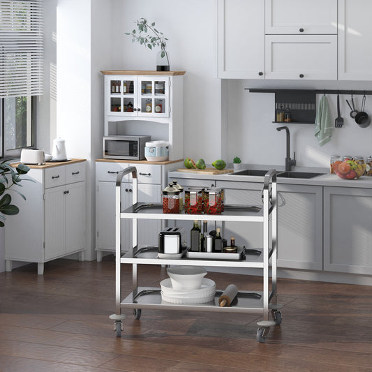 Restaurant / Hotel Kitchen Cart 3 Open Shelves 4 Omnidirectional Wheels with 2 Brakes Anti-Collision Bearings 430 Stainless Steel Silver 85x45x90cm