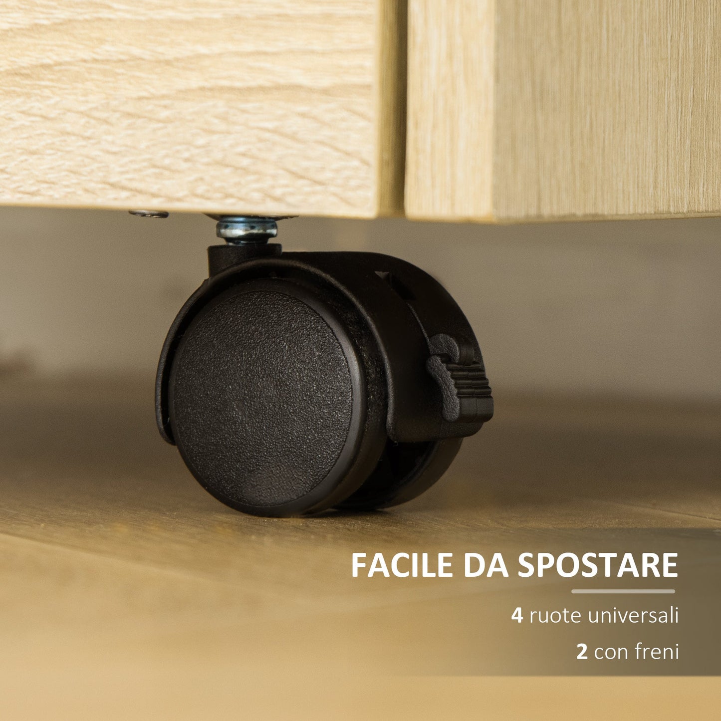 Wooden Office Chest with 4 Drawers, Wheels and Raised Edges, 40x36x65cm, Natural Wood