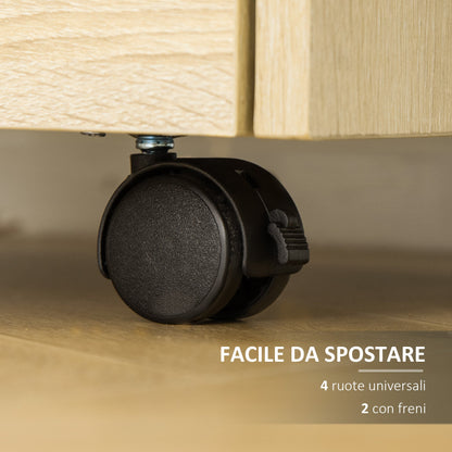 Wooden Office Chest with 4 Drawers, Wheels and Raised Edges, 40x36x65cm, Natural Wood