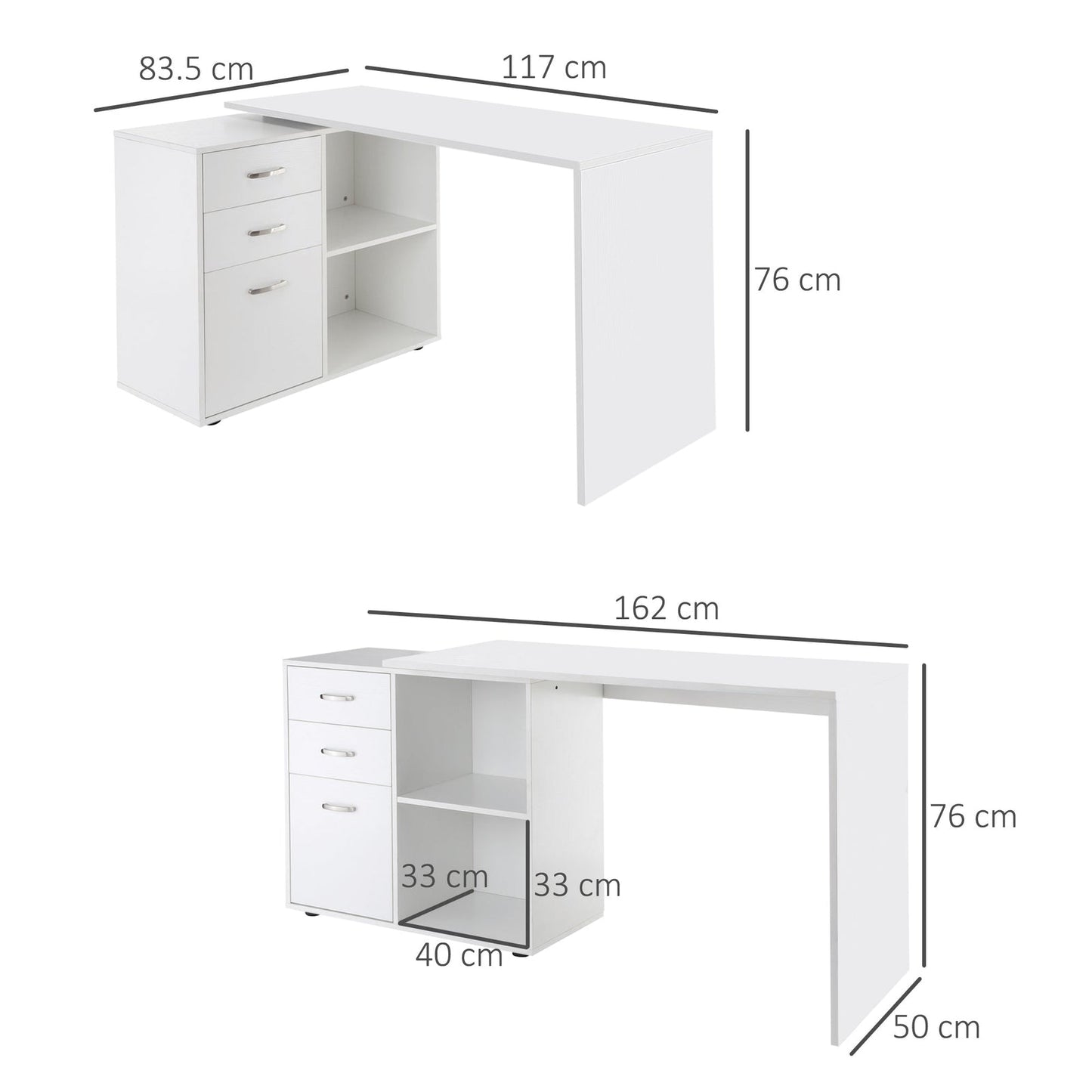 Corner PC Desk with 2 Drawers and Open Shelves, L-Shaped Corner Desk in Wood and Metal, 117x83. 5x76 cm, White