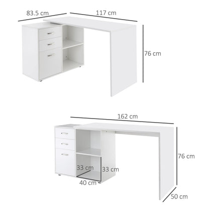 Corner PC Desk with 2 Drawers and Open Shelves, L-Shaped Corner Desk in Wood and Metal, 117x83. 5x76 cm, White