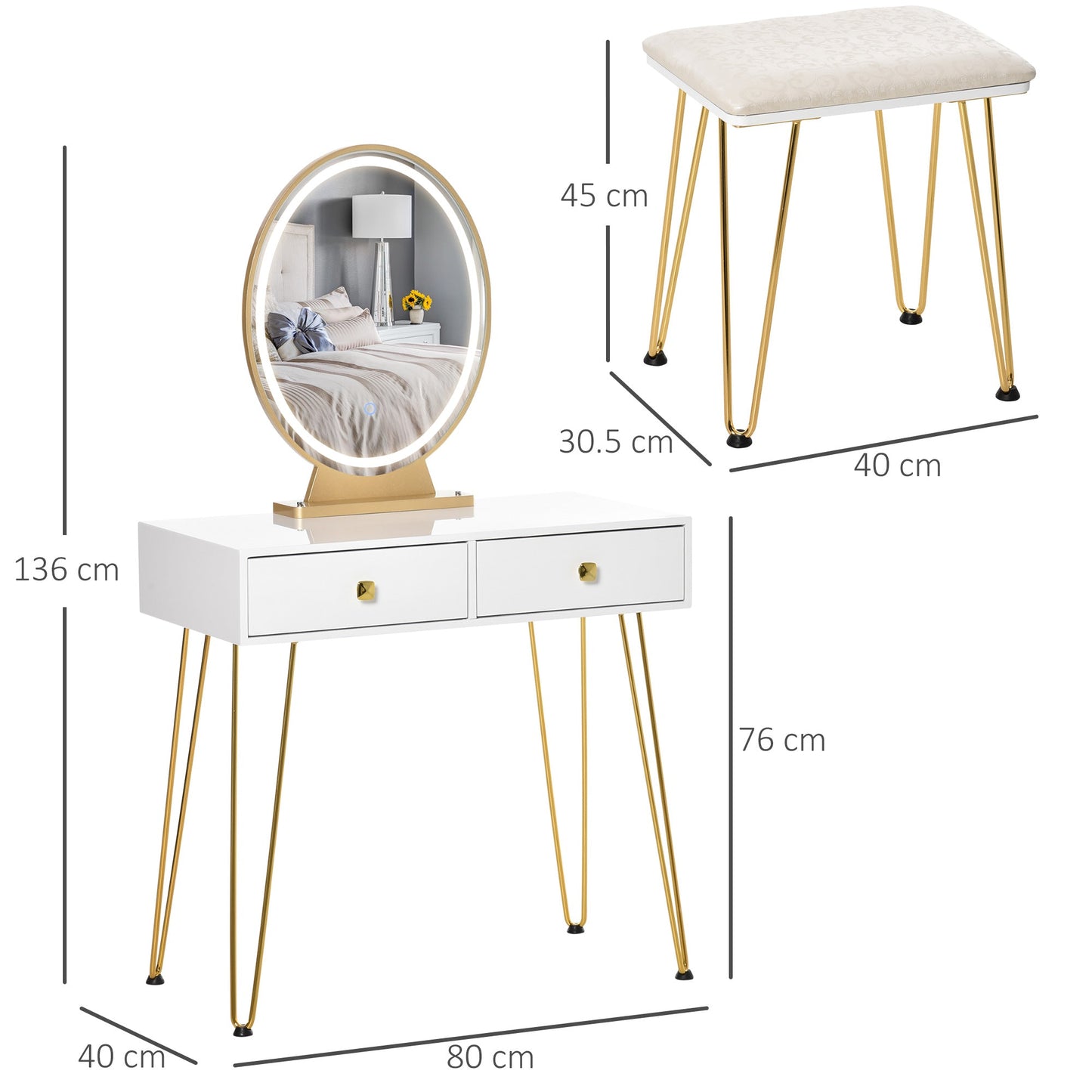 Industrial-Style LED-Lighted Dressing Table with Mirror, Makeup Table with Stool, Touch Switch Vanity, White