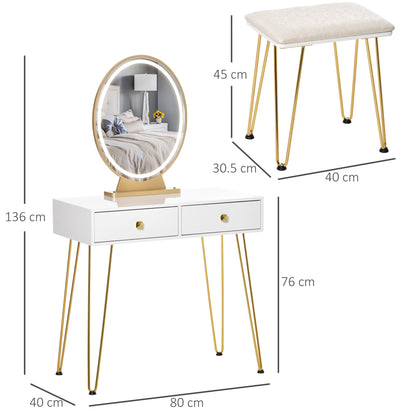 Industrial-Style LED-Lighted Dressing Table with Mirror, Makeup Table with Stool, Touch Switch Vanity, White