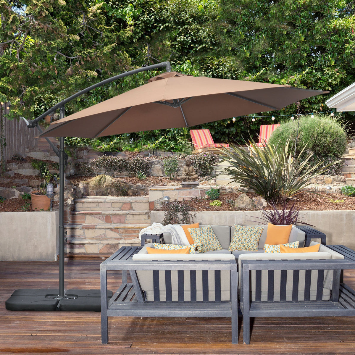 Decentralized Umbrella with 6 Ribs with Crank and Cross Base, in Metal and Polyester, Ø292x247 cm, Coffee