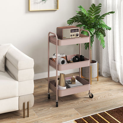3-Tier Beauty Cart with Handles and 4 Wheels, Steel, 45x30.6x79 cm, Pink