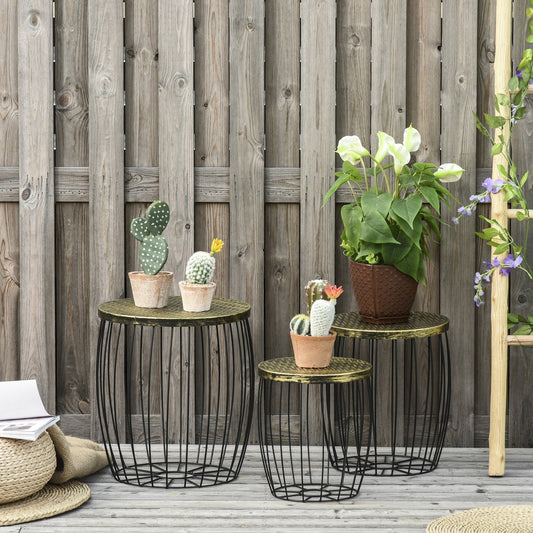 DONA | Outdoor Garden Set, 3 Stackable Balcony Tables, Industrial Style Garden Furniture in Black Metal