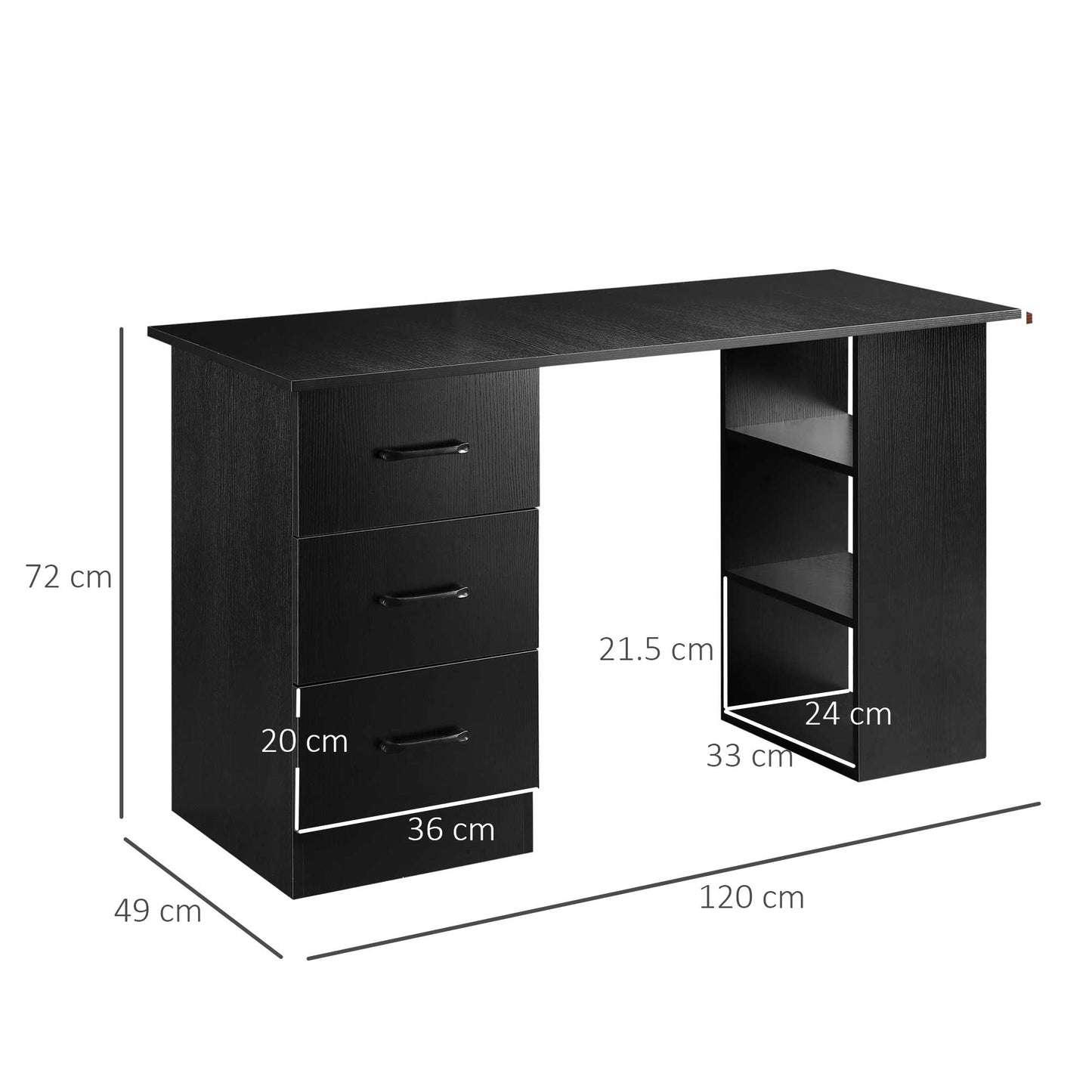 Modern Wooden Desk with 3 Drawers and 3 Shelves for Bedroom and Office, 120x49x72cm, Black