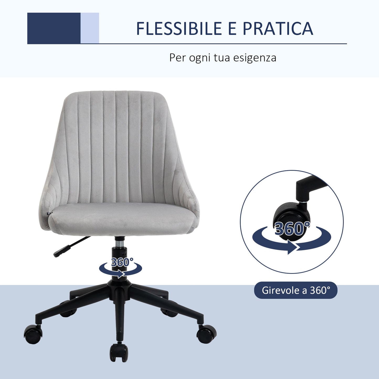 Grey Velvet Office Chair with Adjustable Height, Ergonomic 360° Swivel Chair with Wheels, 50x58x77-87cm