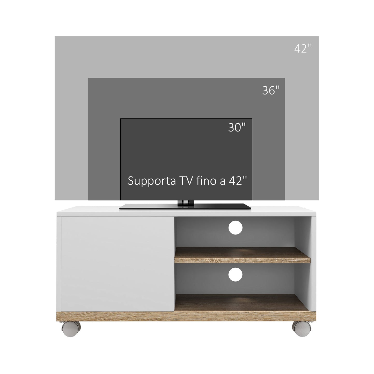 42" Max TV Stand with 2 Open Shelves and Door and Wheels, Chipboard, 80x45x39.5 cm, White
