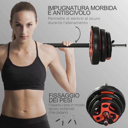 Barbell and Disc Set 20kg Total with Non-Slip PU Handle, Ø17x140 cm, Black and Red