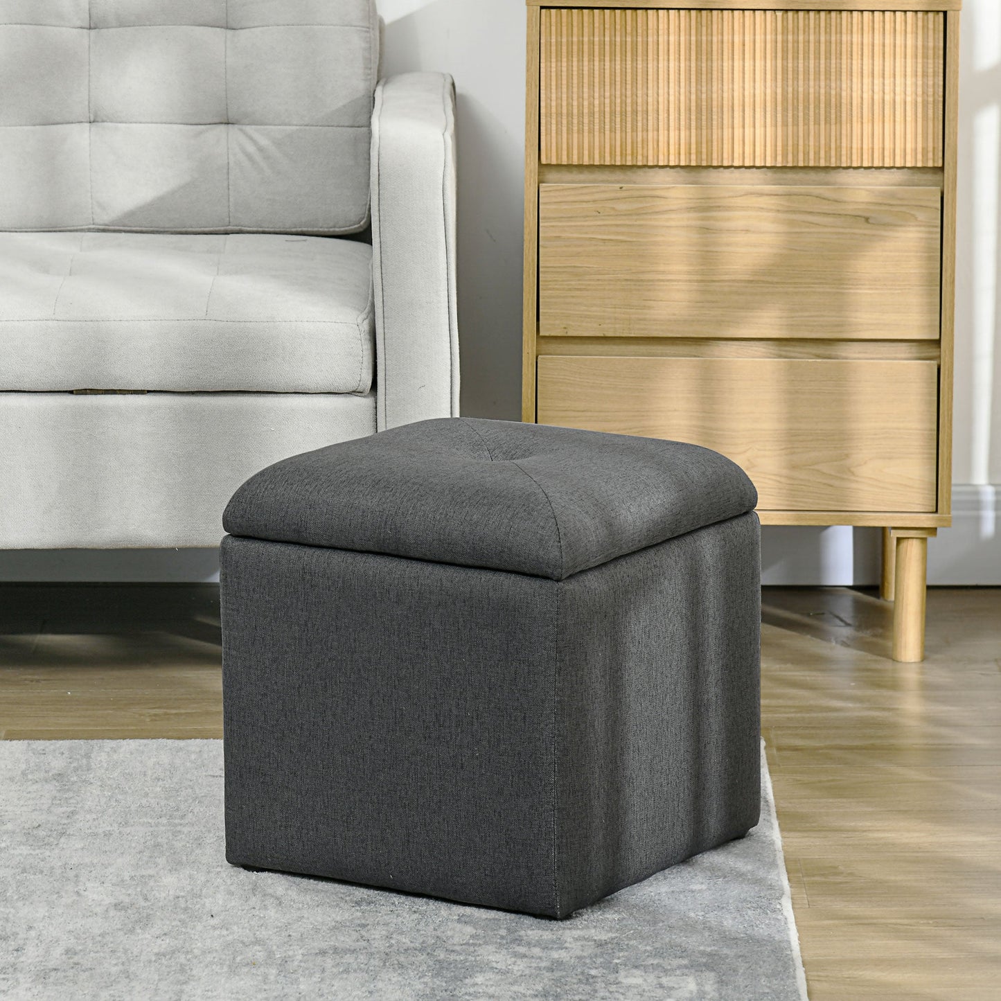 Soft Teddy Fabric Padded Storage Pouf for Living Room and Bedroom, 39x39x39cm, Grey