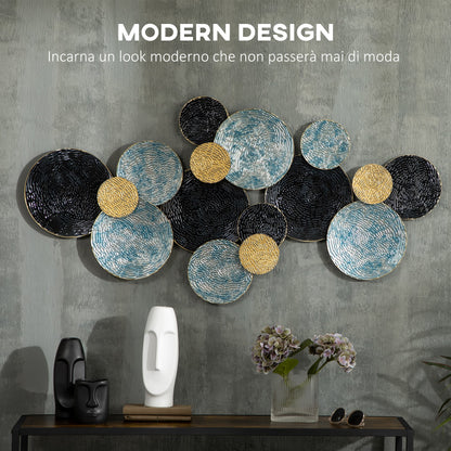 3D Metal Wall Decoration, Circle Wall Art 133x66cm, Blue, Black and Gold