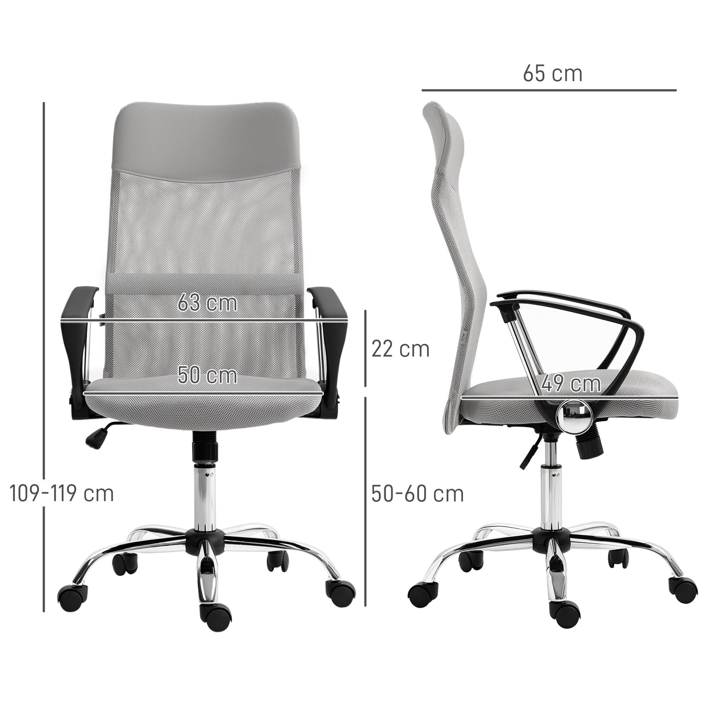 Ergonomic Swivel Office Chair, Height-Adjustable and Mesh Backrest, 63x65x109-119 cm, Light Grey
