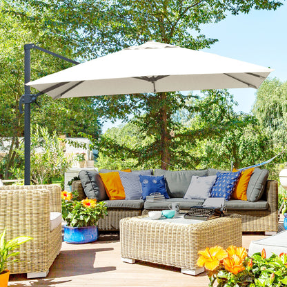 3x3m Cantilever Umbrella Tiltable with Crank and Cross Base, in Steel and Polyester, Cream White