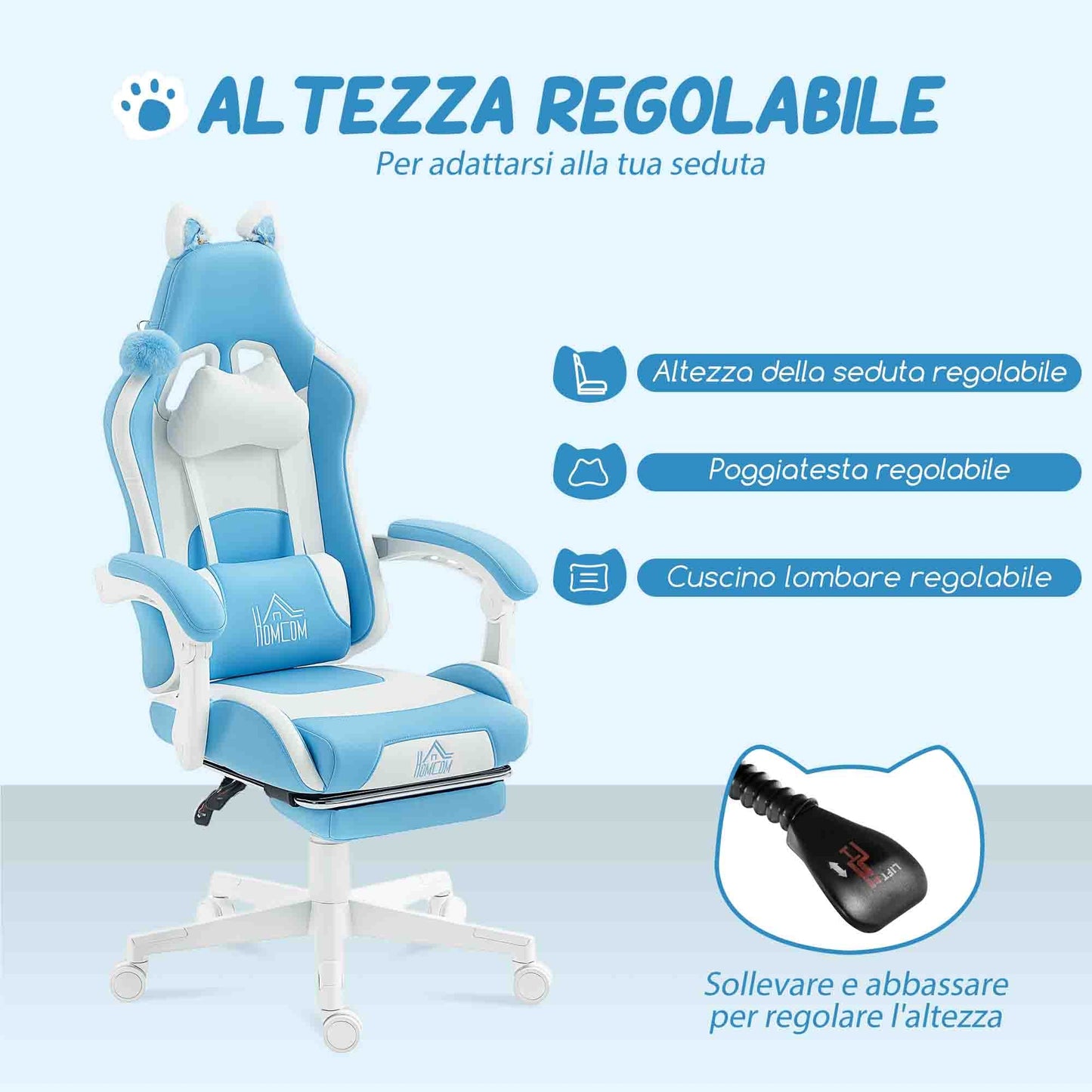 Reclining Gaming Chair with Footrest and Cushions, Faux Leather and Sponge, 65x62x116-124 cm, White and Blue