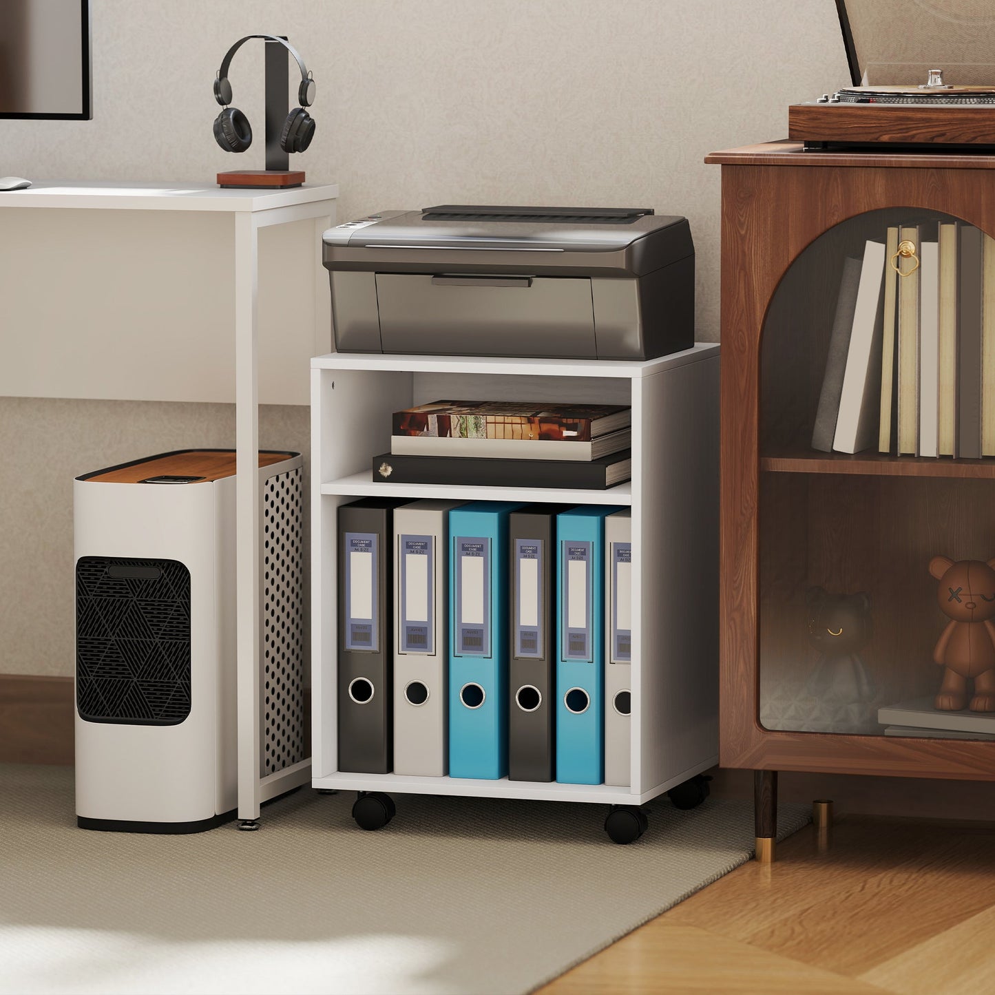 Printer Stand with Wheels and 2 Open Wooden Shelves, 40x35x55.5 cm, White