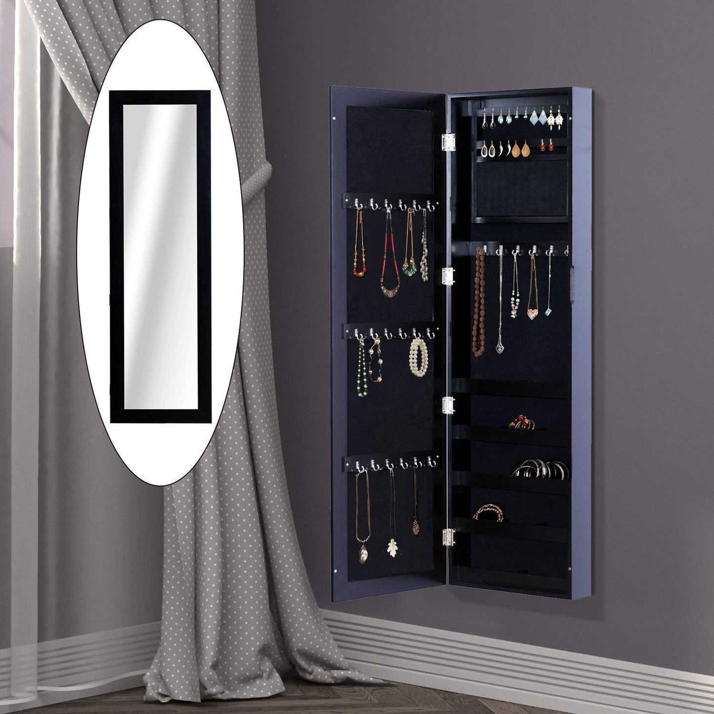 Wall Mounted Jewellery Cabinet with Hooks and Wooden Compartments, Jewellery Cabinet with Mirror for Earrings, Necklaces and Rings, 37x9.5x121 cm, Black