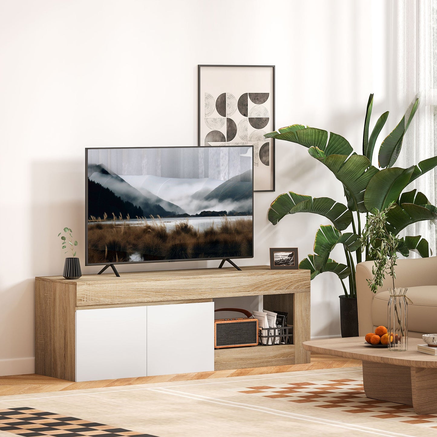 TV Cabinet 60" with 2 Doors Cabinet and Open Shelf, 140x40x48 cm, Natural Wood Colour