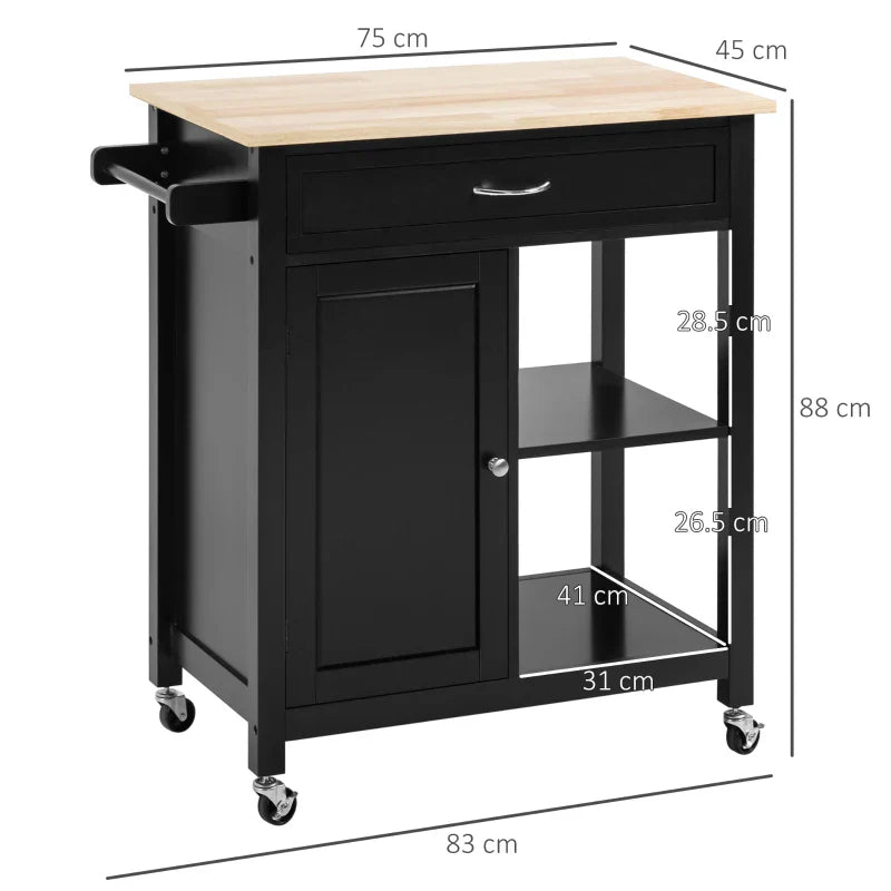 Wooden Kitchen Cart with Drawer, Cabinet and Wheels, 83x45x88cm, Black