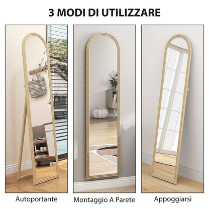 Full-Length Floor and Wall Mirror with Easel, Stone Effect and Arch Shape, 40x160 cm, Beige