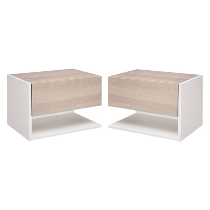 Set of 2 Wall-Mounted Bedside Tables with Drawer and Shelf, Modern Bedroom Furniture, White and Oak