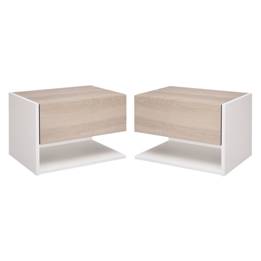 Set of 2 Wall-Mounted Bedside Tables with Drawer and Shelf, Modern Bedroom Furniture, White and Oak