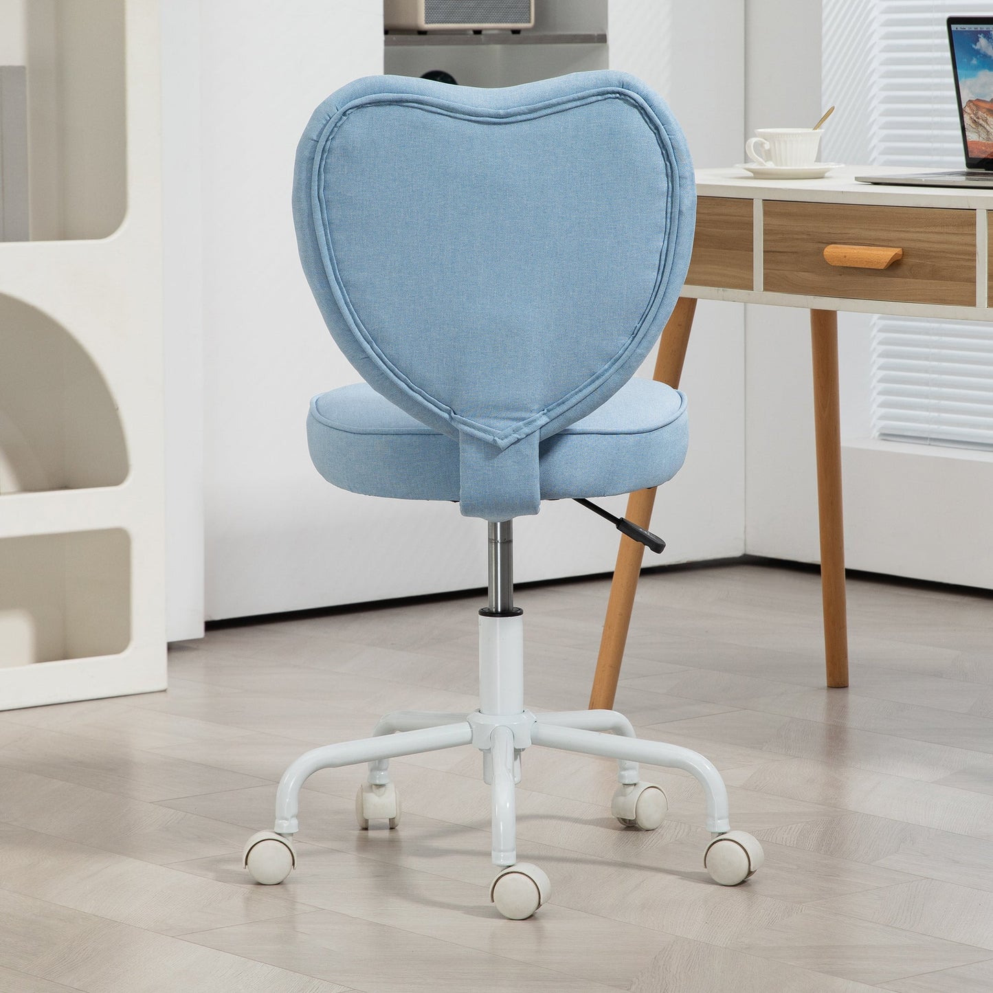 Heart-Shaped Desk Chair with 5 Wheels and Adjustable Height in Fabric, 40x50x79-89cm, Blue