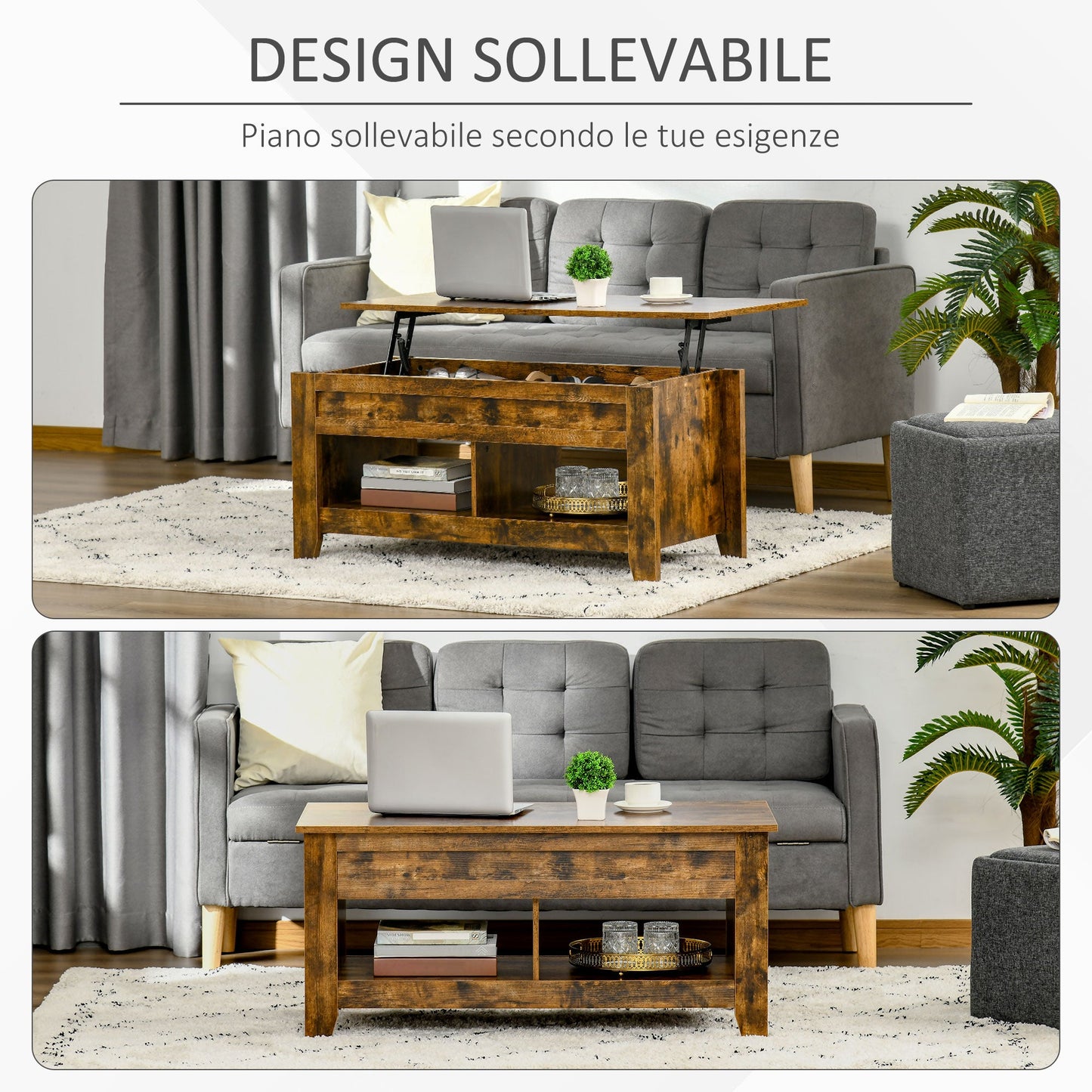 Industrial Style Coffee Table with Storage Compartment and Lifting Top in Wood, 105x50x49cm, Rustic Brown