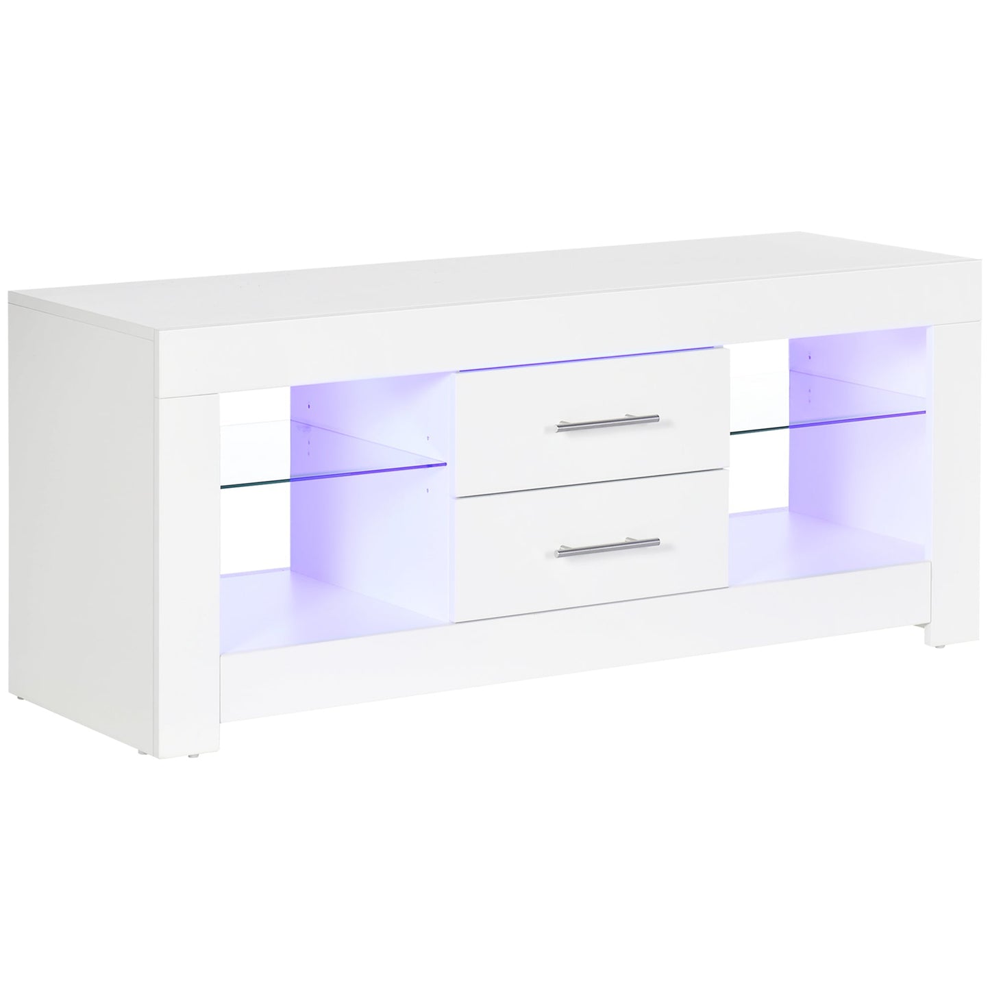 55" TV Stand with 12 Color LED Lights and Remote Control, Wood and Glass 120x40x50cm, White