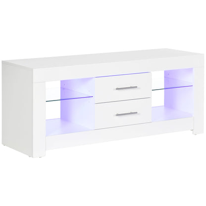 55" TV Stand with 12 Color LED Lights and Remote Control, Wood and Glass 120x40x50cm, White