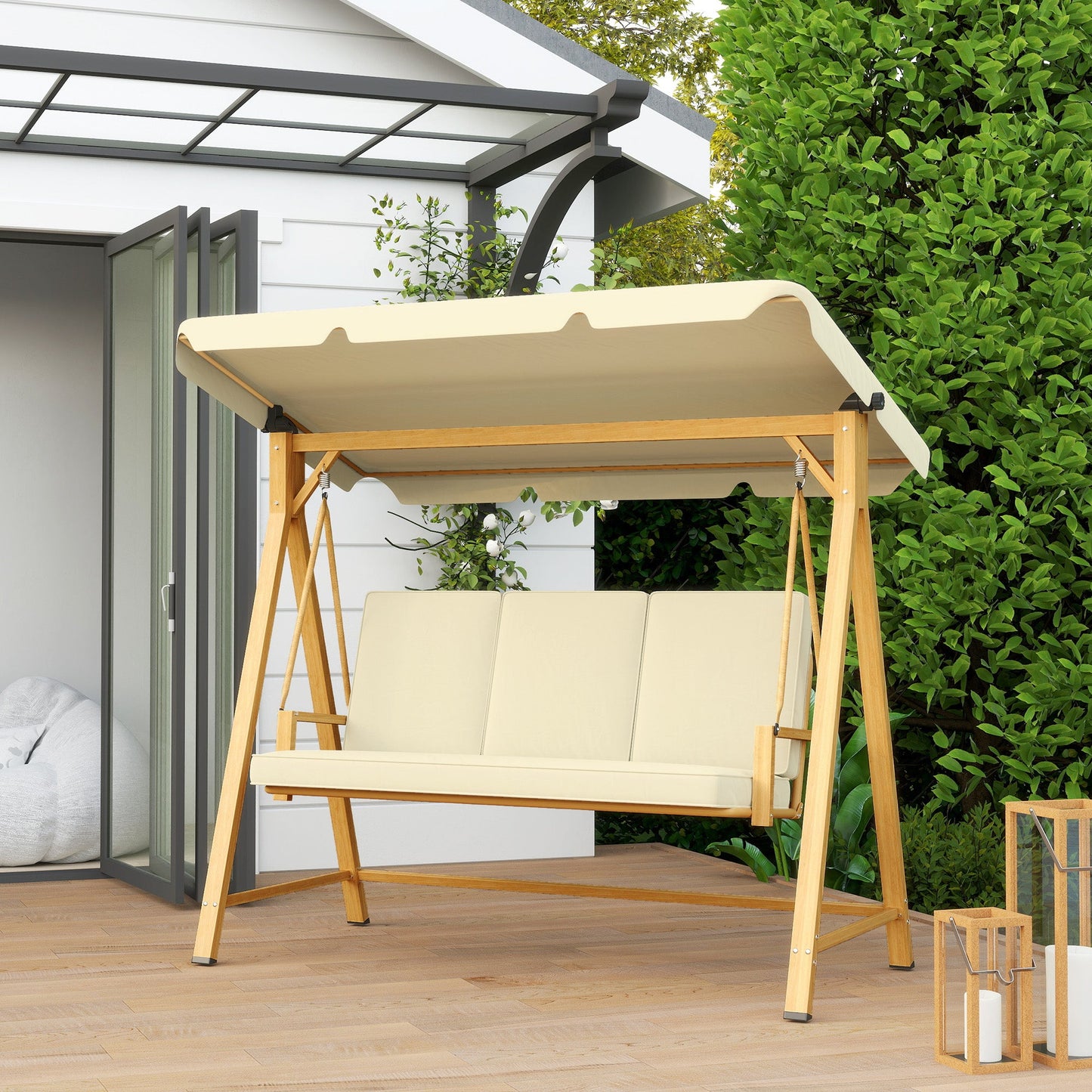 3 Seater Garden Swing with Adjustable Canopy and Cushions, 195x120x170 cm, Beige