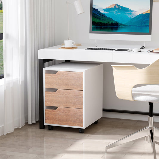 MDF chest of drawers with 3 drawers and wheels for office or white and wood study, 40x50x57.5cm