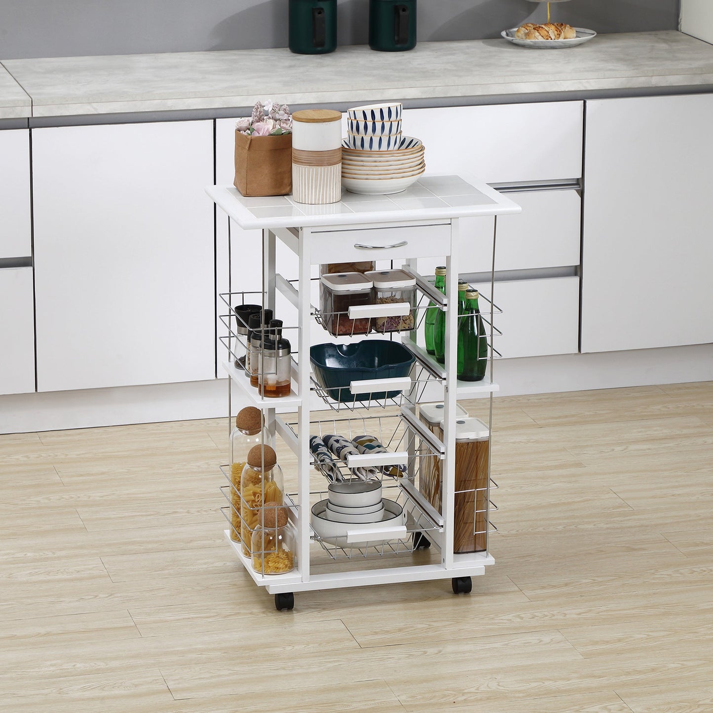Kitchen Trolley with Drawer, 4 Baskets and 4 Shelves, in Metal, Ceramic and Wood, 57x37x83 cm, White