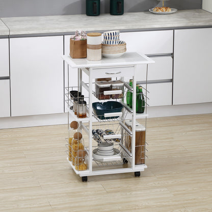 Kitchen Trolley with Drawer, 4 Baskets and 4 Shelves, in Metal, Ceramic and Wood, 57x37x83 cm, White